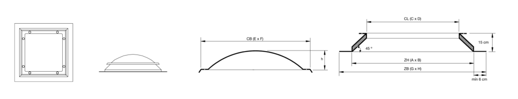 Claraboyas con base cuadrada en Castellón. Fijas y abatibles. Para techos de naves industriales o tejados en viviendas. Lucernarios. Translúcidos de policarbonato compacto, panel sándwich, celular y poliéster. Claraboyas.