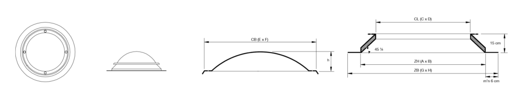Claraboyas con base circular en Castellón. Fijas y abatibles. Para techos de naves industriales o tejados en viviendas. Lucernarios. Translúcidos de policarbonato compacto, panel sándwich, celular y poliéster. Claraboyas.